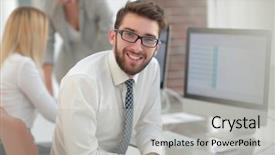  Presentation with ankle monitor - Colorful PPT theme enhanced with experienced programmer sitting in front backdrop and a  colored foreground