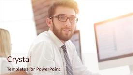  Presentation with ankle monitor - Slide deck with experienced programmer sitting in front background and a  colored foreground