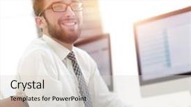  Presentation with ankle monitor - Presentation theme enhanced with experienced programmer sitting in front background and a  colored foreground