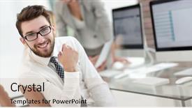  Presentation with monitor stakeholder - PPT theme featuring experienced programmer sitting in front background and a  colored foreground