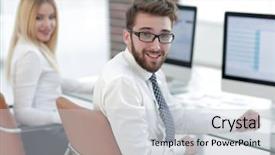  Presentation with ankle monitor - Cool new slides with experienced programmer sitting in front backdrop and a  colored foreground