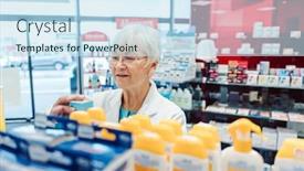  Presentation with drug - Cool new PPT theme with experienced-saleslady-in-drug-store backdrop and a sky blue colored foreground