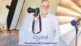  Presentation with studio lights - Presentation design having experienced-senior-photographer-with-camera background and a sky blue colored foreground