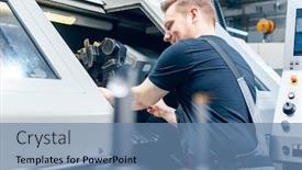  Presentation with factory machine - Presentation theme having experienced-worker-changing-tool-setup background and a teal colored foreground