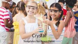  Presentation with cartoon kids holding hands - PPT theme with experiental learning - portrait of kids holding laboratory background and a  colored foreground