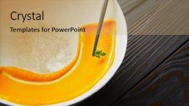  Presentation with cream - PPT layouts featuring creamy carrot cream painted on white bowl while chef preparation process background and a tawny brown colored foreground