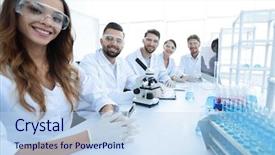  Presentation with research - Theme featuring experimental - group of young clinicians experimentation background and a light blue colored foreground