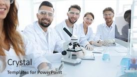  Presentation with biochemistry research laboratory - Audience pleasing slides consisting of experimental - group of young clinicians experimentation backdrop and a light blue colored foreground