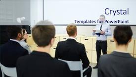  Presentation with audience - Cool new PPT layouts with expert lecture - confident teacher or speaker making backdrop and a sky blue colored foreground