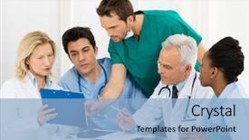  Presentation with medical emergency trauma team - Presentation theme featuring experts doctors examining medical background and a light blue colored foreground