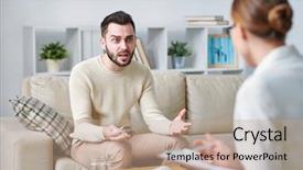  Presentation with young man on the phone - Colorful PPT theme enhanced with explain - annoyed young man in casualwear backdrop and a coral colored foreground