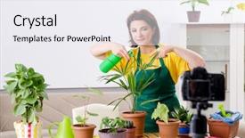  Presentation with blogger - Presentation design enhanced with explain - female blogger explaining houseplants growing background and a sky blue colored foreground