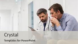  Presentation with digital hospital - Slide deck with explaining serious patient over digital background and a light gray colored foreground