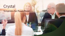  Presentation with business group meeting - Amazing slide deck having explanation - group of confident business partners backdrop and a  colored foreground