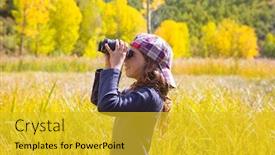  Presentation with binocular - Amazing PPT layouts having explorer binocular looking kid girl in yellow autumn nature outdoor backdrop and a gold colored foreground