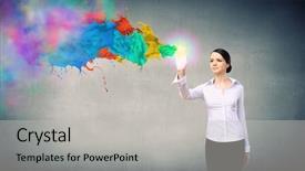  Presentation with colorful - PPT theme enhanced with explosive sign - young pretty woman in shirt background and a light gray colored foreground
