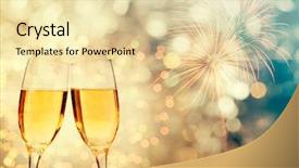  Presentation with new year - Audience pleasing theme consisting of explosive symbol - glasses with champagne against fireworks backdrop and a blonde colored foreground