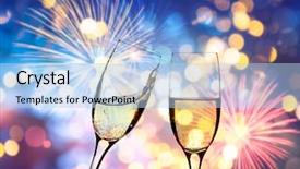  Presentation with new-year - Slide deck consisting of explosive symbol - glasses with champagne against fireworks background and a light blue colored foreground