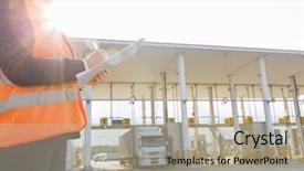  Presentation with shipping - Audience pleasing PPT theme consisting of export import - midsection of female worker writing backdrop and a mint green colored foreground