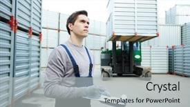  Presentation with paper making - PPT theme consisting of export shipping documents - pensive concentrated handsome young male background and a light gray colored foreground