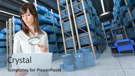  Presentation with magnifying glass - Beautiful PPT theme featuring export shipping documents - young woman verifying document backdrop and a light blue colored foreground