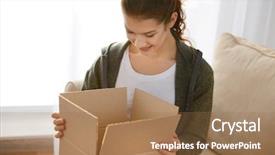  Presentation with box - Amazing slide deck having express delivery - beautiful young woman opening box backdrop and a coral colored foreground
