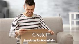  Presentation with box - Cool new slides with express delivery - handsome young man opening box backdrop and a coral colored foreground