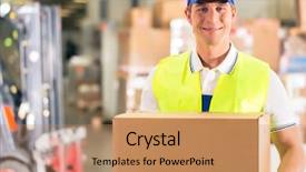  Presentation with company - Presentation design with express delivery - warehouseman with protective vest holds background and a coral colored foreground