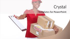  Presentation with courier firm financial analysis - Slide deck consisting of express delivery - young courier delivering parcels background and a white colored foreground