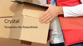  Presentation with courier - Presentation theme having express delivery - young male courier with parcels background and a coral colored foreground