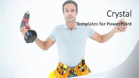  Presentation with holding hotdog - Slide deck consisting of express maintenance - portrait of confused technician holding background and a sky blue colored foreground