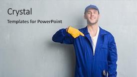  Presentation with grey - Slide set featuring express maintenance - young caucasian man over grey background and a  colored foreground