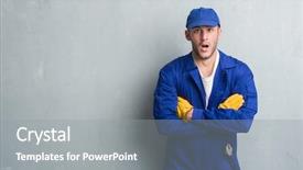  Presentation with young grey maine coon cat - Presentation design consisting of express maintenance - young caucasian man over grey background and a gray colored foreground