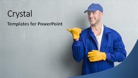  Presentation with young grey maine coon cat - Cool new theme with express maintenance - young caucasian man over grey backdrop and a light gray colored foreground