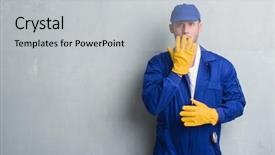  Presentation with grey - Beautiful presentation featuring express maintenance - young caucasian man over grey backdrop and a  colored foreground