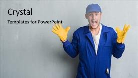  Presentation with young grey maine coon cat - Cool new presentation theme with express maintenance - young caucasian man over grey backdrop and a light gray colored foreground