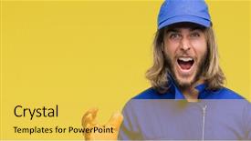  Presentation with long hair man - Colorful slides enhanced with express maintenance - young handsome mechanic man backdrop and a  colored foreground