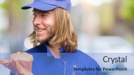  Presentation with long hair man - Theme featuring express maintenance - young handsome mechanic man background and a  colored foreground