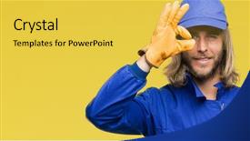  Presentation with long hair man - Colorful slide set enhanced with express maintenance - young handsome mechanic man backdrop and a  colored foreground