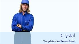  Presentation with army person pressing remote baton - Beautiful presentation featuring express maintenance - young handsome mechanic man backdrop and a sky blue colored foreground