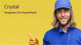  Presentation with electronic mechanic components - Cool new PPT theme with express maintenance - young handsome mechanic man backdrop and a yellow colored foreground