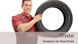  Presentation with maintenance - Slide deck with express maintenance - young mechanic with a tire background and a  colored foreground