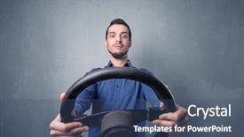  Presentation with wheel - Presentation theme enhanced with express way - young man holding black steering background and a  colored foreground