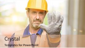  Presentation with senior worker - Presentation theme having restricted - senior engineer man construction worker background and a coral colored foreground