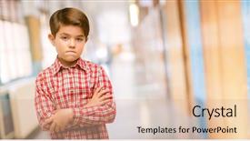  Presentation with eyes - Presentation design featuring expression pensive at school corridor background and a coral colored foreground