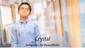  Presentation with sad child - Slide set with expression unhappy at school corridor background and a light blue colored foreground