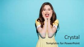  Presentation with woman hands open - Beautiful PPT theme featuring expressions - portrait of a happy excited backdrop and a light blue colored foreground