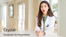  Presentation with medical - Presentation theme enhanced with expressive therapy - young woman wearing medical coat background and a soft green colored foreground