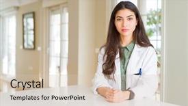  Presentation with medical therapy - Cool new PPT layouts with expressive therapy - young woman wearing medical coat backdrop and a soft green colored foreground