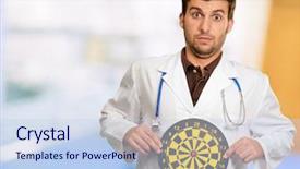  Presentation with black eye doctor - PPT theme featuring expressive young doctor holding bulls background and a sky blue colored foreground